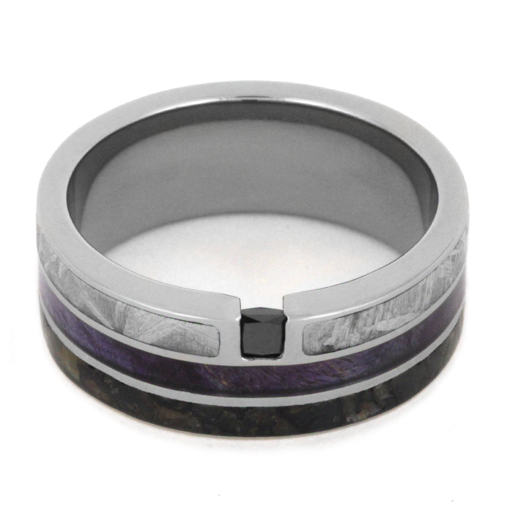 Black Diamond with Purple Box Elder Wood, Dinosaur Bone and Gibeon Meteorite Inlay 8mm Comfort-Fit Titanium Band 