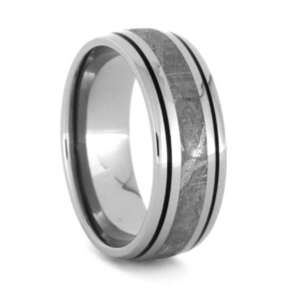 Gibeon Meteorite with Black Enamel Inlay 8mm Comfort-Fit Polished Titanium Band 
