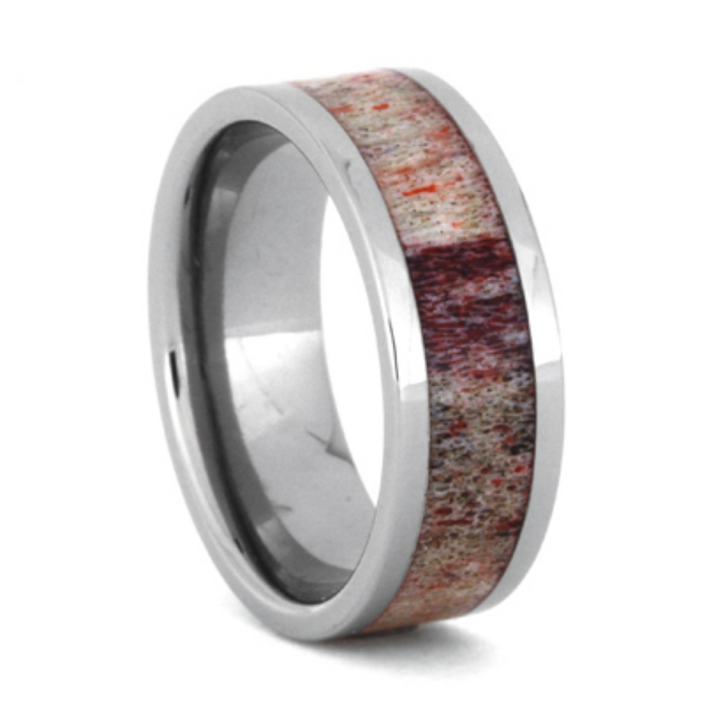 Red Dyed Deer Antler Inlay 8mm Comfort-Fit Polished Titanium Band