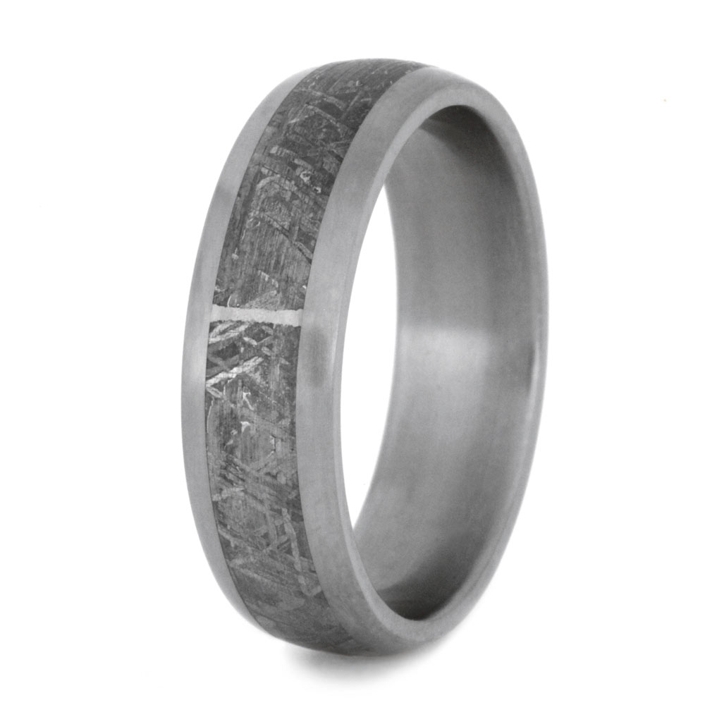 Meteorite Ring with Titanium Shoulders 7mm Comfort-Fit Matte Titanium Band