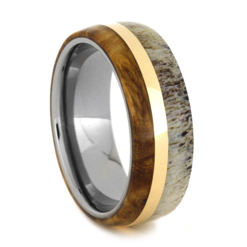 Black Ash wood, Deer Antler and a 14k yellow gold pinstripe on a 7 millimeter comfort-fit titanium ring.