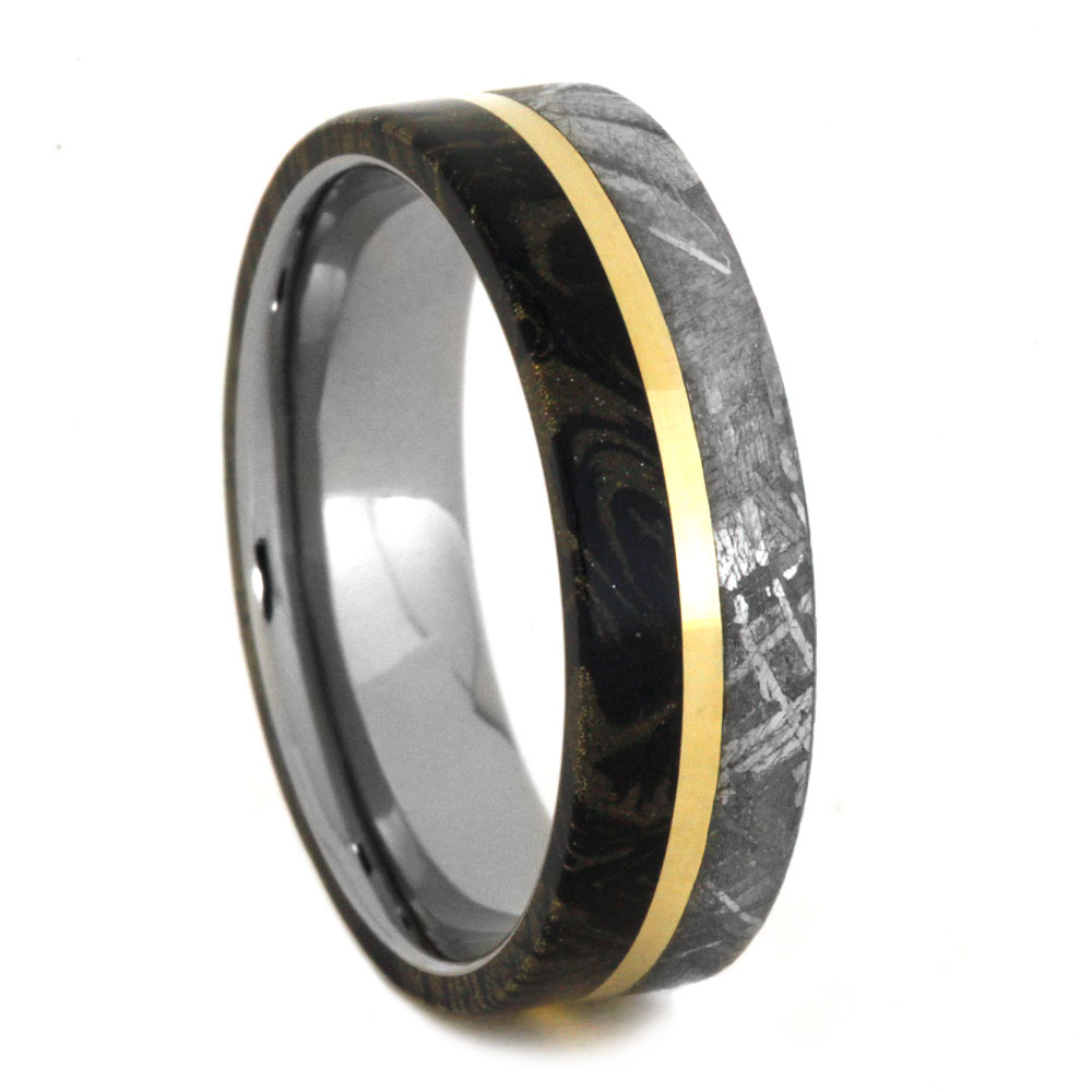 Meteorite and Black and Yellow Mokume Overlay with 14k Yellow Gold Pinstripe 7mm Comfort-Fit Titanium Ring.