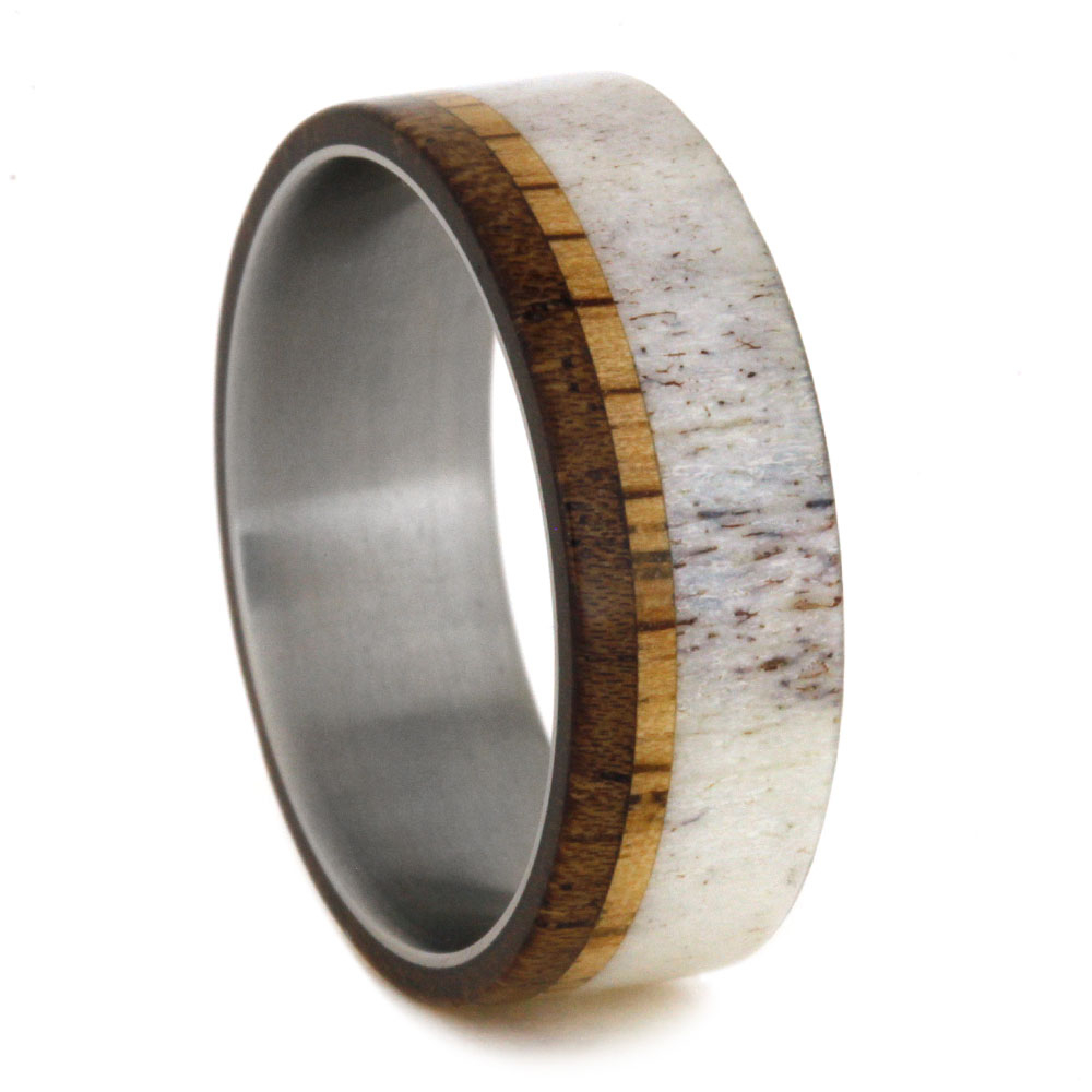 Deer Antler, Black Mesquite and Oak Wood 8 millimeter comfort-fit matte titanium ring.