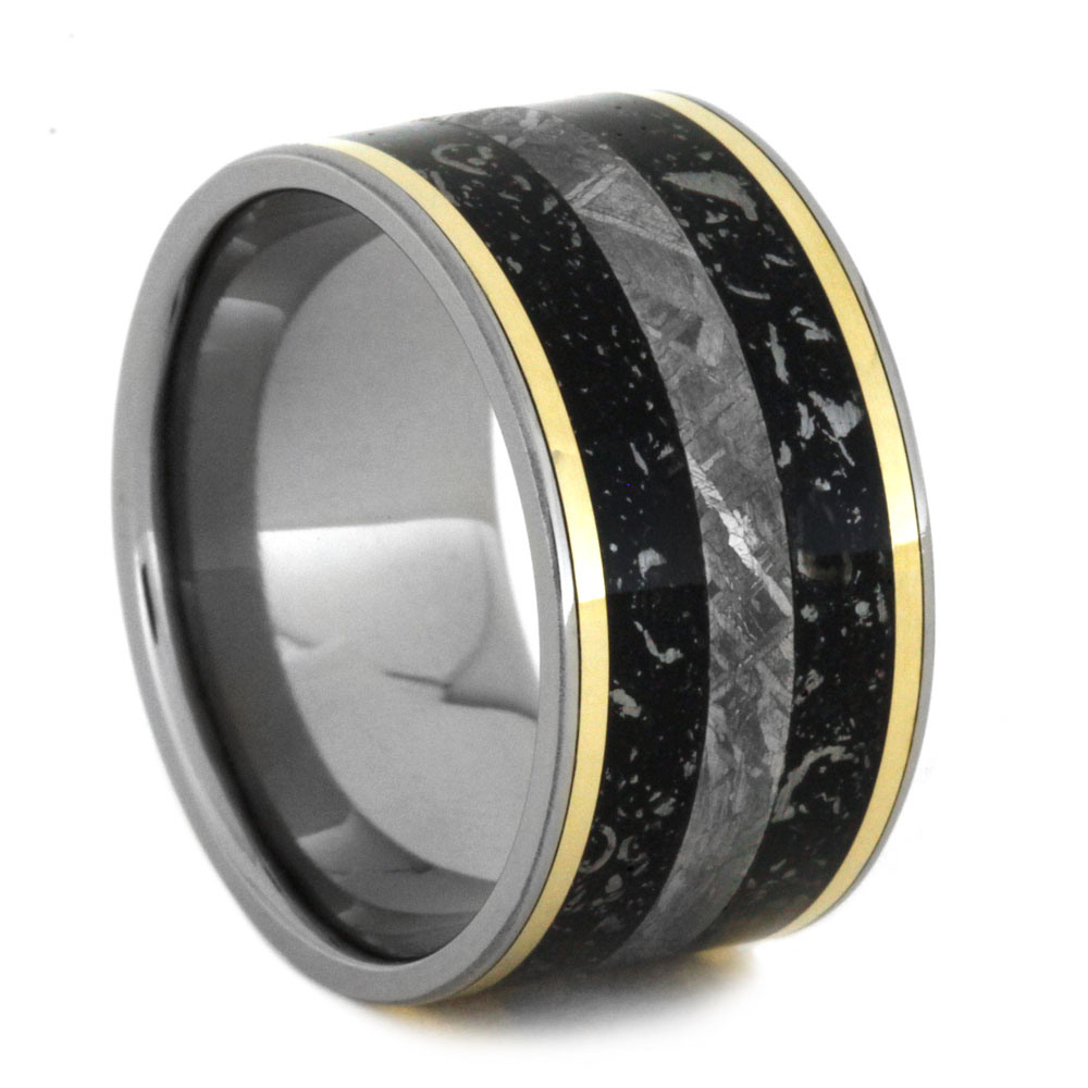 Black Stardust with Meteorite Inlay and 14k Yellow Gold Pinstripe 8.5mm Comfort-Fit Polished Titanium Ring.