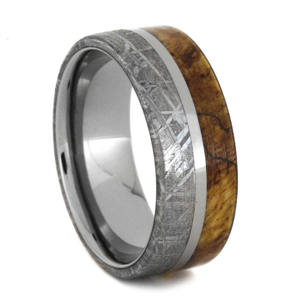 Spalted Maple Burl and Gibeon Meteorite Overlay 8mm Comfort-Fit Polished Titanium Ring.