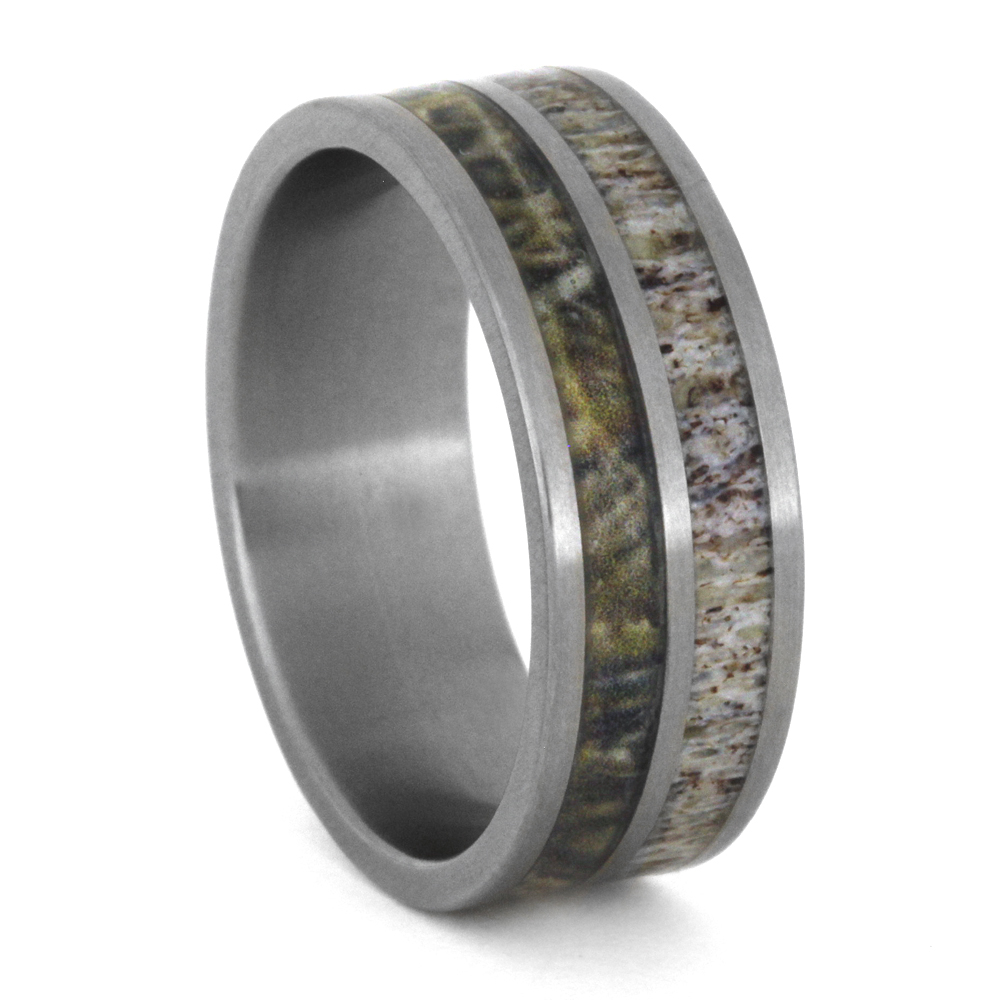 Deer Antler and Camo Print Inlay 8mm Comfort-Fit Matte Titanium Ring.