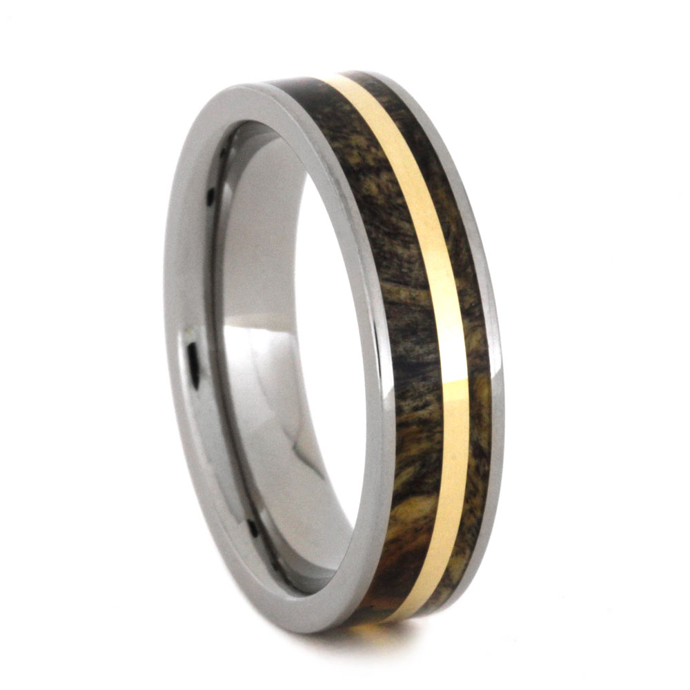 Wood Buckeye Burl with 14k yellow Gold Pinstripe 5mm Comfort-Fit Polished Titanium Ring.