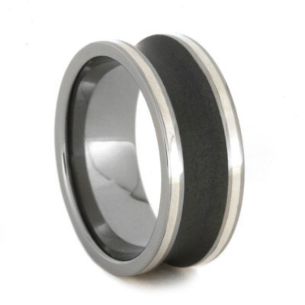 Sandblasted Titanium with Sterling Silver Pinstripes Scoop Profile 9mm Comfort-Fit Titanium Band 