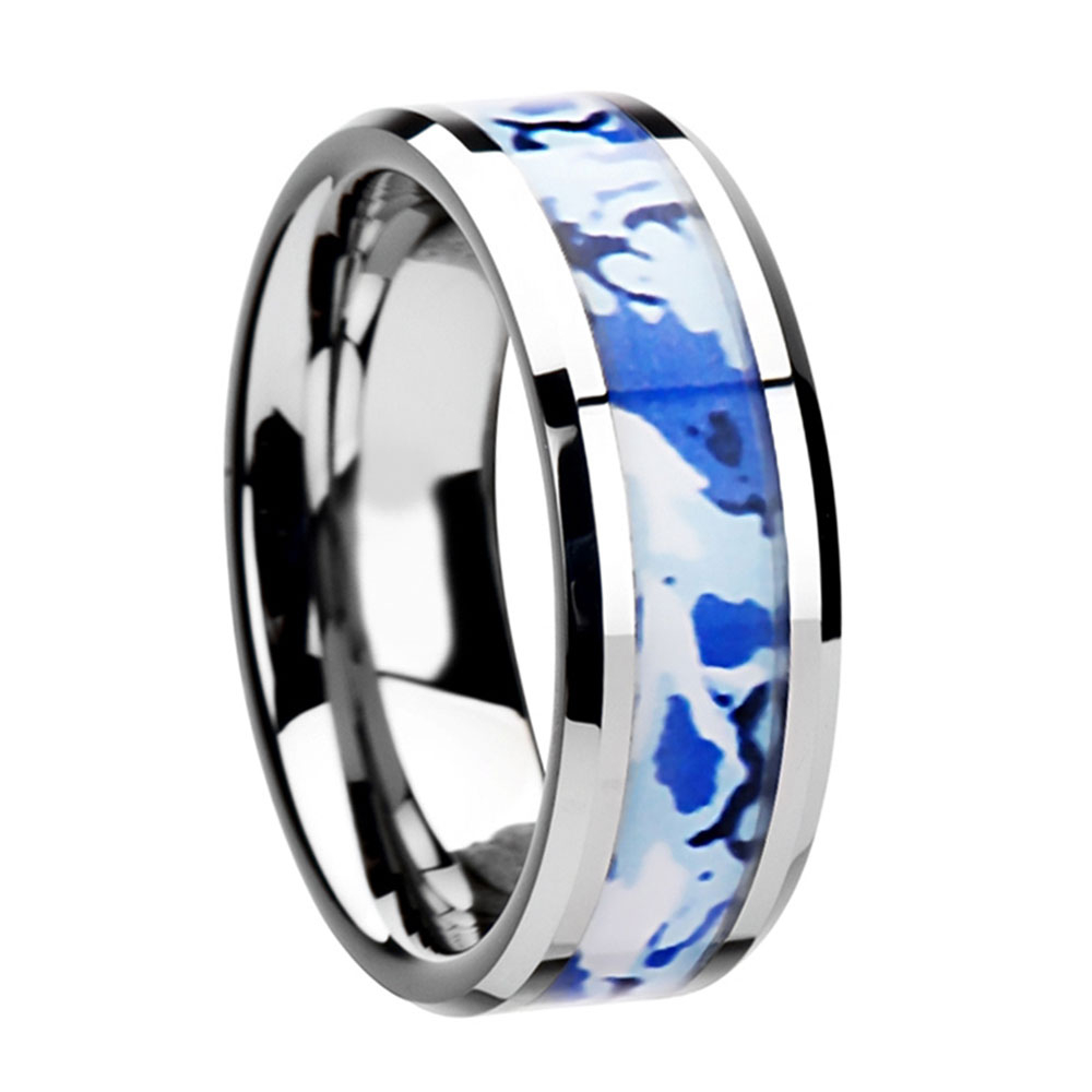 Arctic Camo Print Inlay with Beveled Profile 8mm Comfort-Fit Polished Tungsten Ring.
