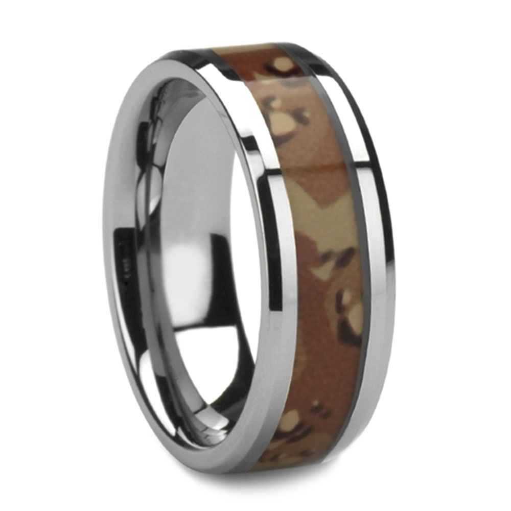 Desert Camo Print Inlay with Beveled Profile 8mm Comfort-Fit Polished Tungsten Ring.