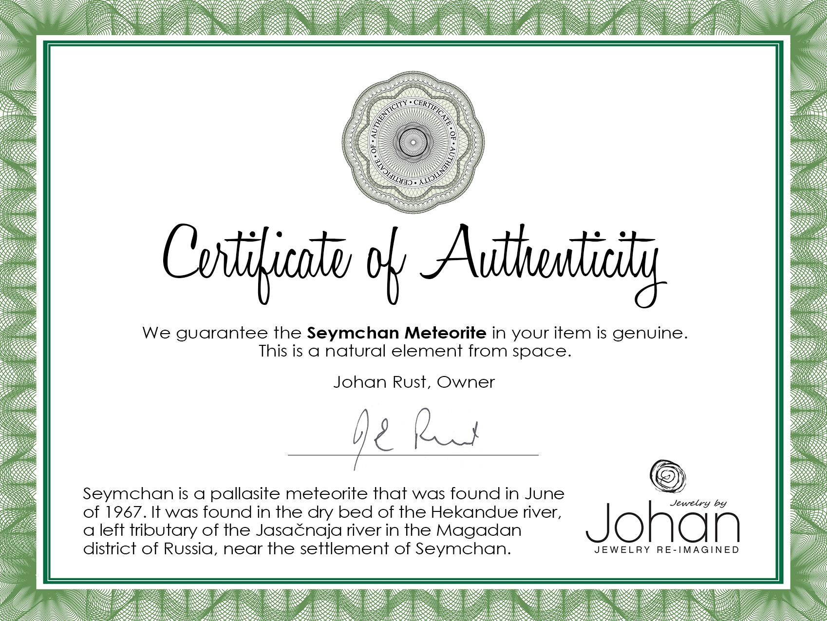 Certificate of Authenticity for Jewelry from Johan Rust for The Men's Jewelry Store.  