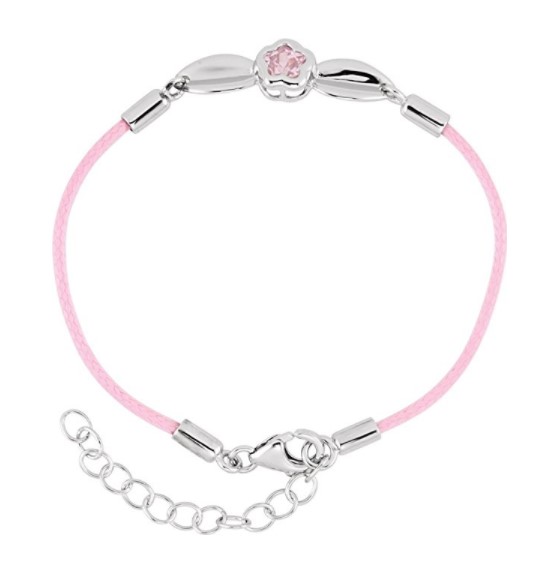 BFlower Rose CZ Rhodium Plated Sterling Silver and Nylon Rope Bracelet, Adjustable 6.5-7.5