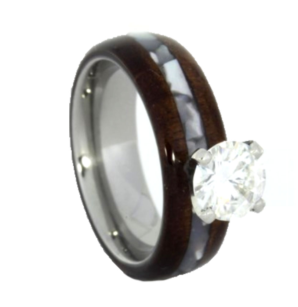 Charles & Colvard Moissanite Solitaire Honduran Rosewood 6.5mm Comfort-Fit Titanium Engagement Ring.