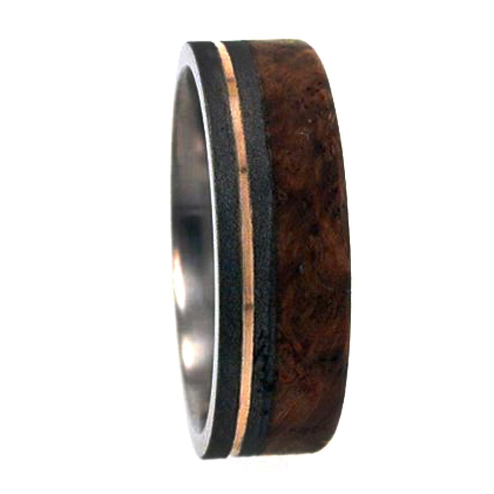 Black Ash Burl Wood,14K Yellow Gold 6mm Comfort Fit Sandblasted Titanium Band. 