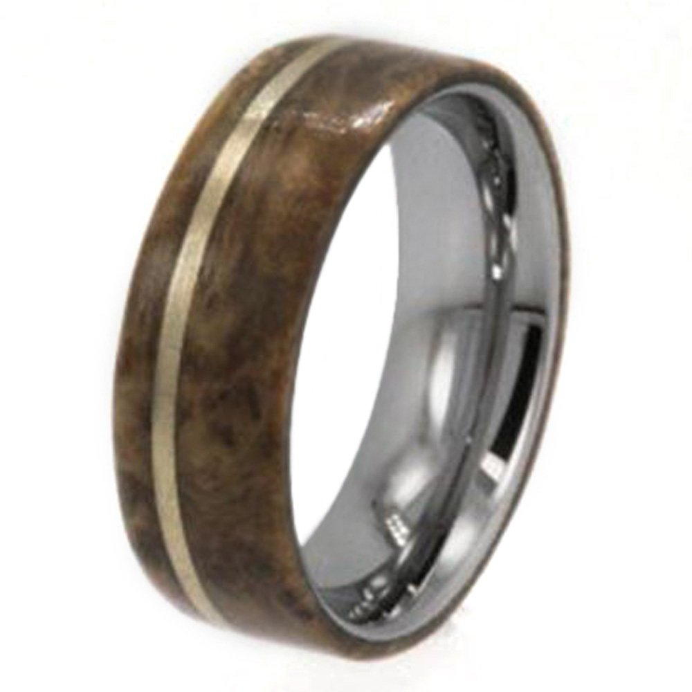Buckeye Burl, 14K Yellow Gold Inlay 8mm Comfort Fit Polished Titanium Band. 