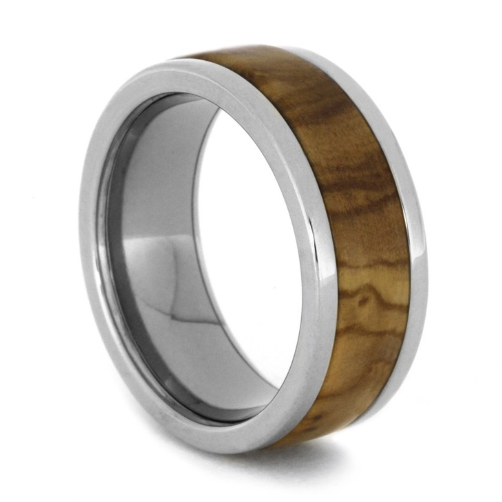 Olive Wood Inlay 8mm Comfort Fit Polished Titanium Band. 