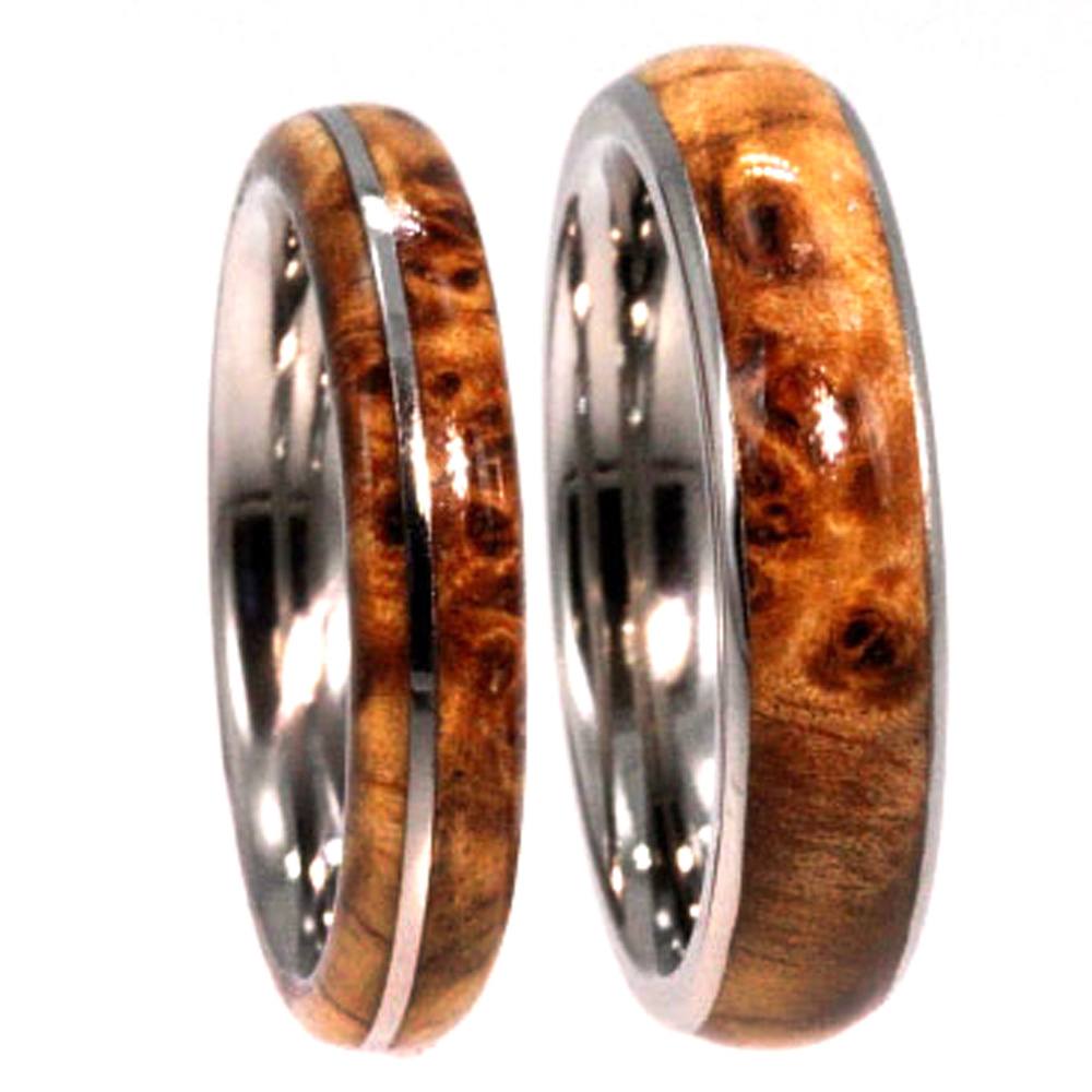 His and Hers Wedding Band Set, Black Ash Burl, Titanium Pinstripe Ring and Black Ash Burl Titanium Band.