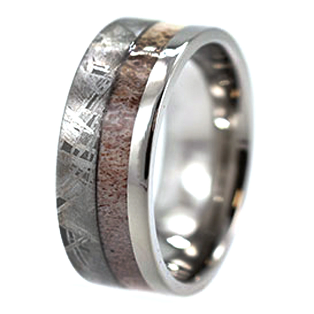 Gibeon Meteorite, Antler Inlay 9mm Comfort Fit Polished Titanium Band