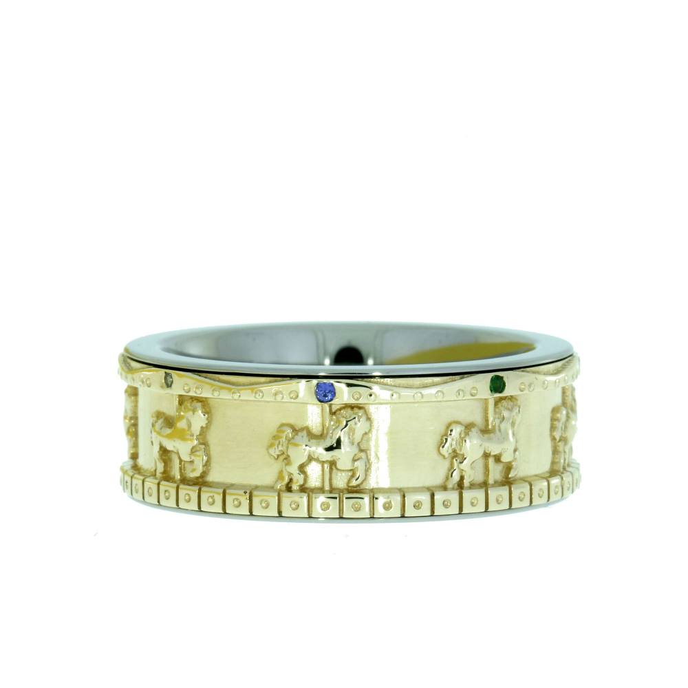 Multicolor Stones, Gibeon Meteorite, 14K Yellow Gold 8mm Comfort Fit Titanium Carousel Band. 