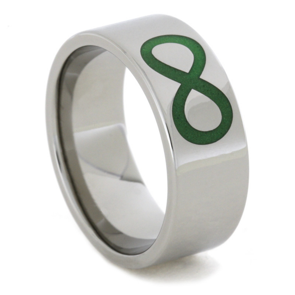 Engraved Infinity Green Symbol 8mm Comfort-Fit Polished Titanium Ring. 