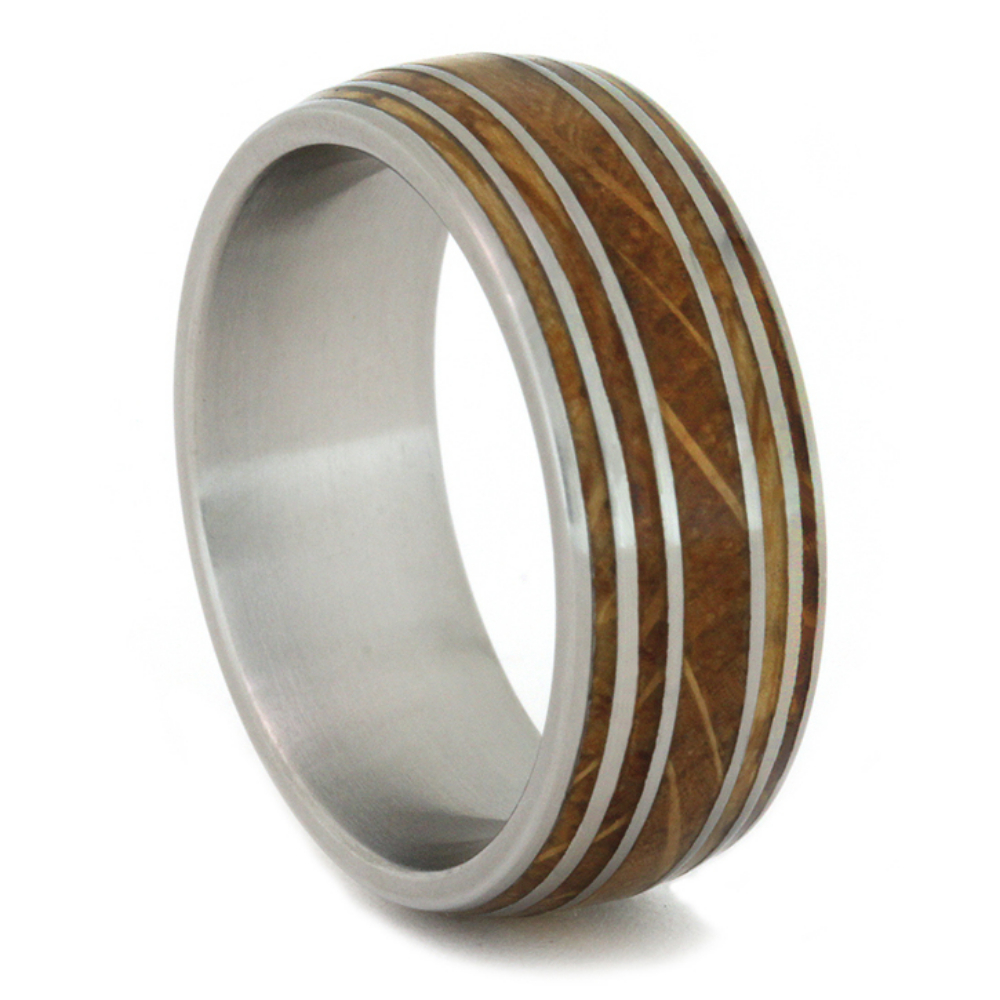 Authentic Oak Wood Whiskey Barrel Wood Inlay 9mm Comfort-Fit Matte Titanium Ring. 