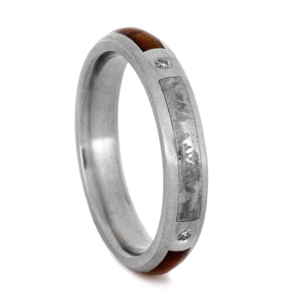 Diamond Solitaire, Gibeon Meteorite, Snakewood Ring Men's Gibeon Meteorite, Snakewood and His and Hers Titanium Wedding Band Set. 