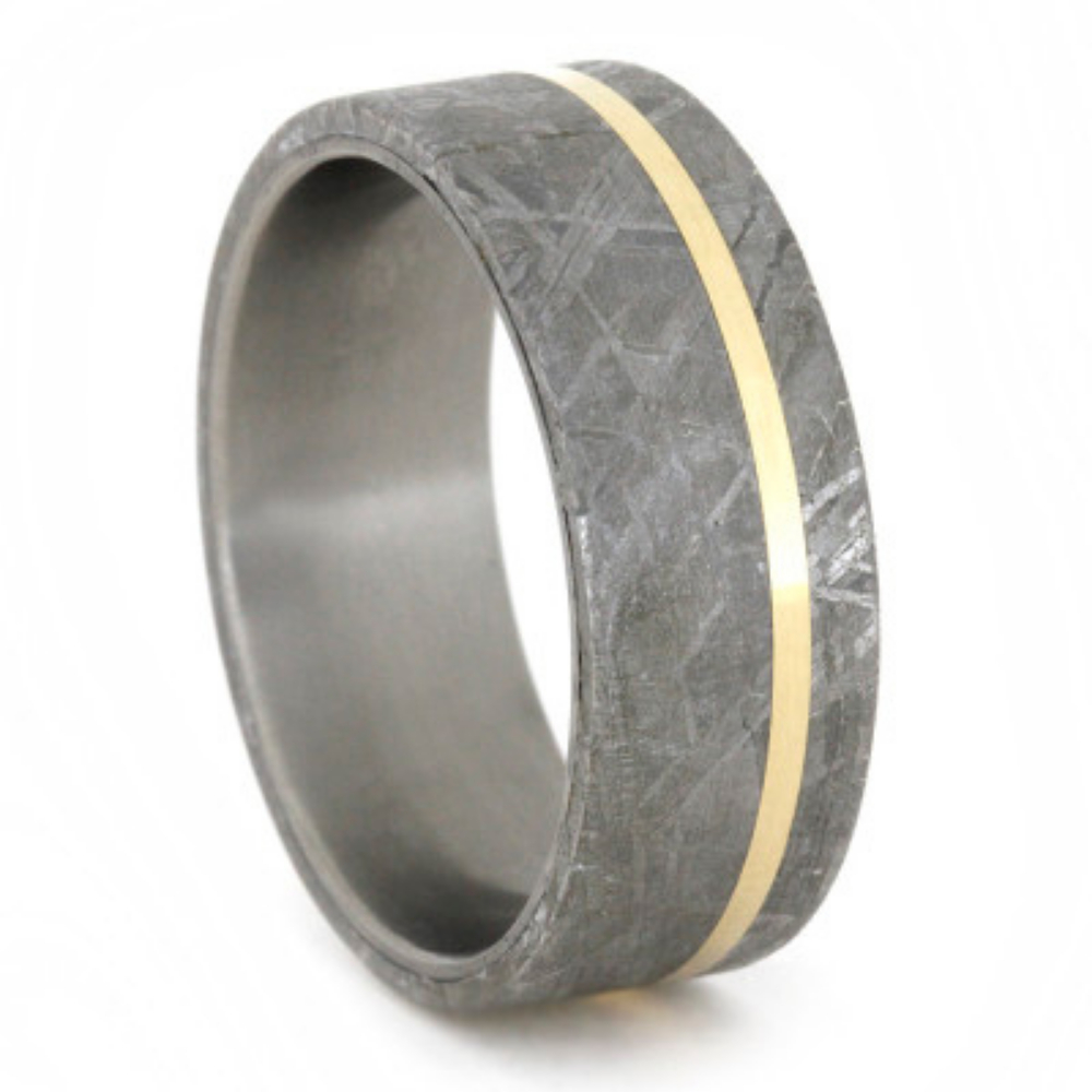 Meteorite Overlay with 14k Yellow Gold Pinstripe 8mm Comfort-Fit Matte Titanium Band. 