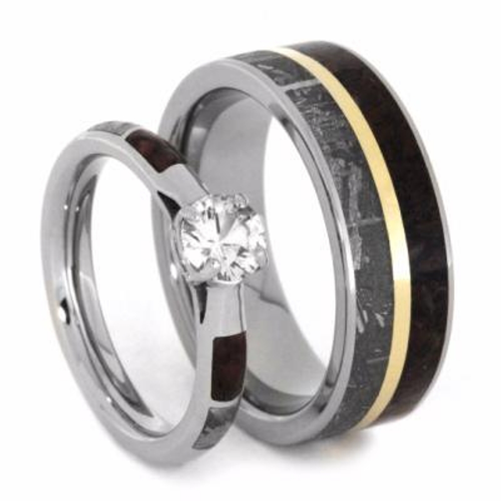 White Sapphire, Gibeon Meteorite, Dinosaur Bone, 10k White Gold Ring, Men's Dinosaur Bone, Gibeon Meteorite, 14k Yellow Gold Pinstripe and His and Hers Titanium Wedding Band Set.