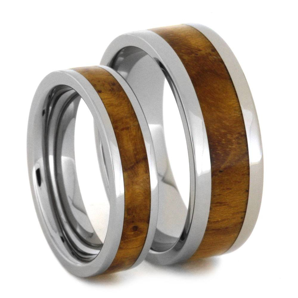 Teak Burl Wood Inlay and His and Hers Titanium Wedding Band Set.