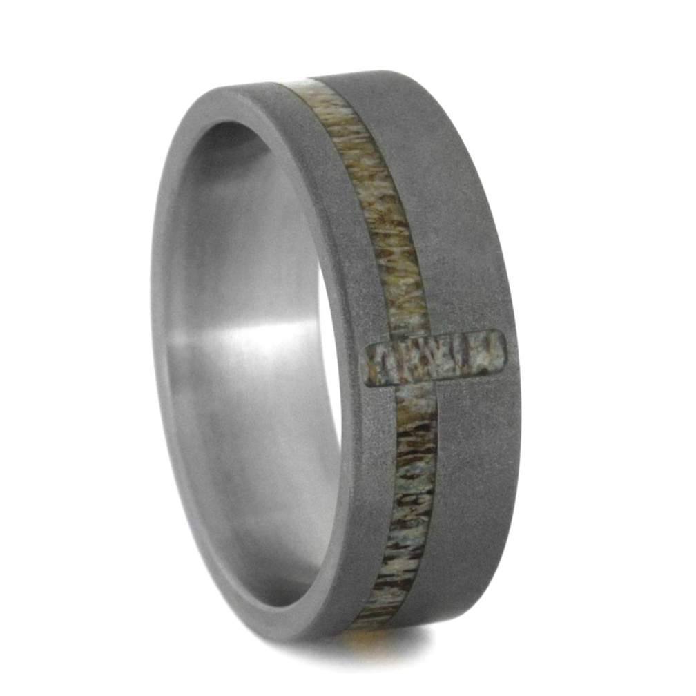 DEER ANTLER CROSS WEDDING BAND IN SANDBLASTED TITANIUM. 