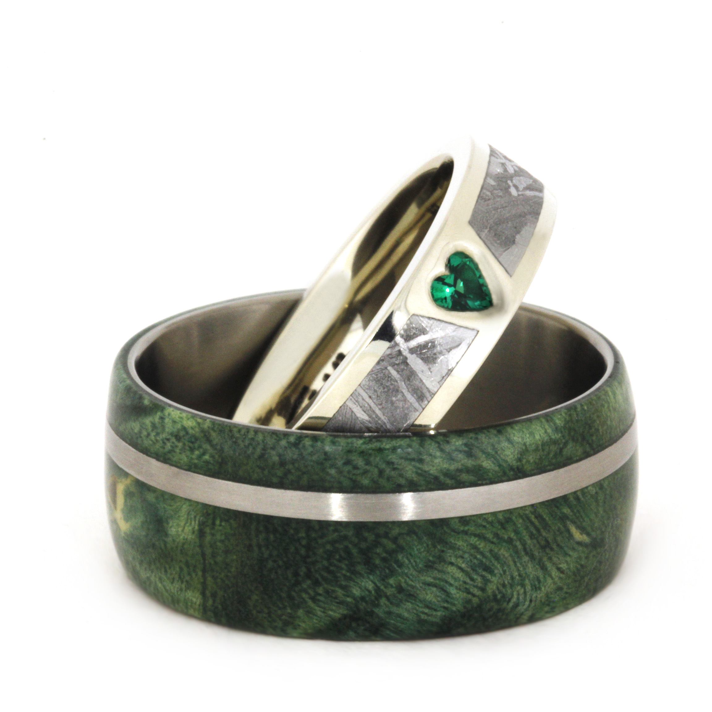 Lab Created Emerald, Gibeon Meteorite, 14k White Gold Ring, Men's Green Box Elder Burl Wood Matte Titanium Band and His and Hers Titanium Wedding Band.