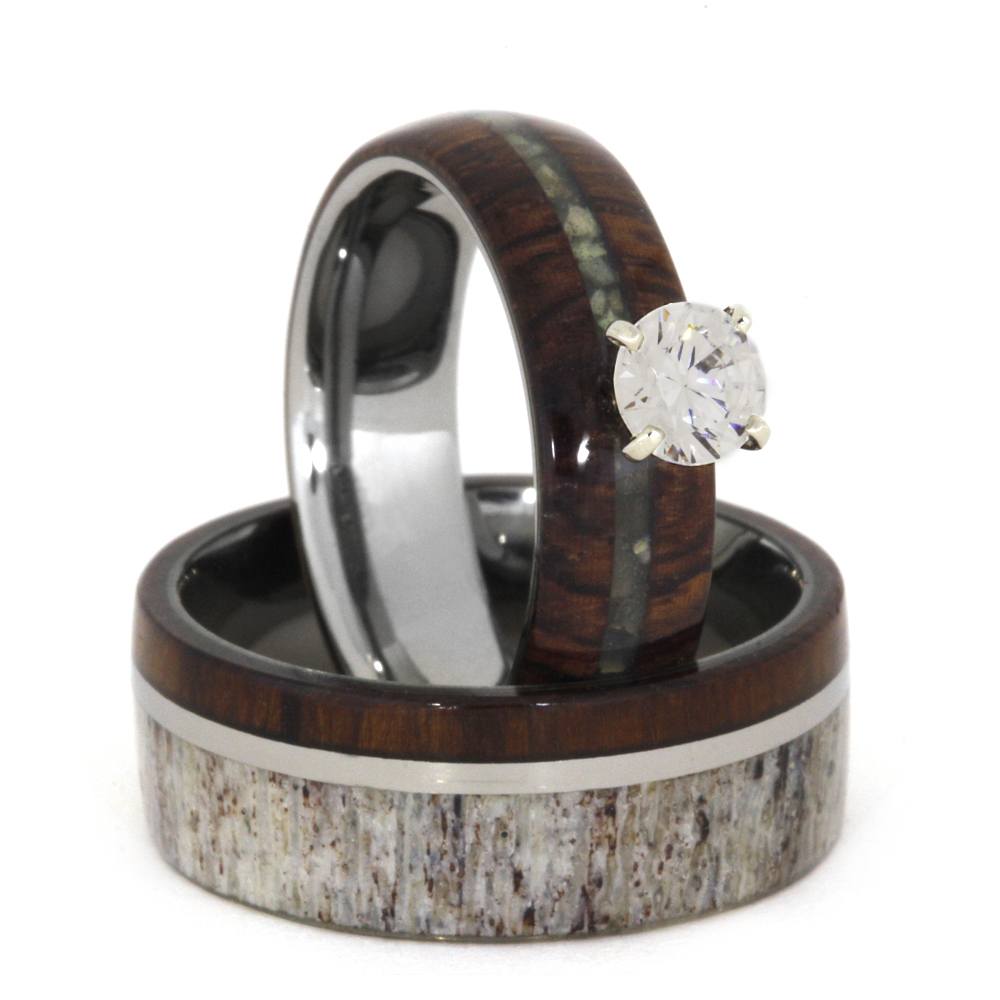 Solitaire Diamond, Mother of Pearl, Ironwood, 10k White Gold Ring, Deer Antler, Ironwood, Titanium Band and His and Hers Wedding Band Set.