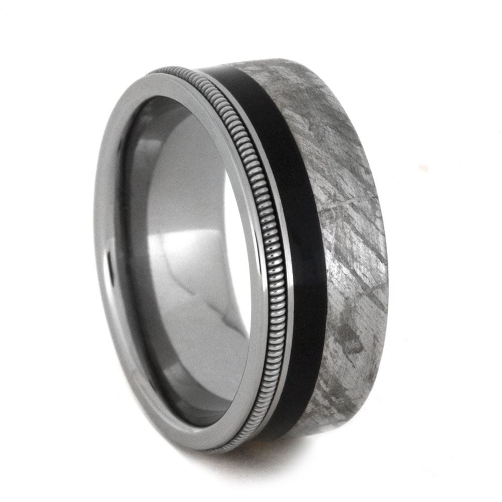 Topaz with Rock Engagement Ring and Ebony Wood, Gibeon Meteorite, Guitar String Titanium Band and His and Hers Wedding Band Set 