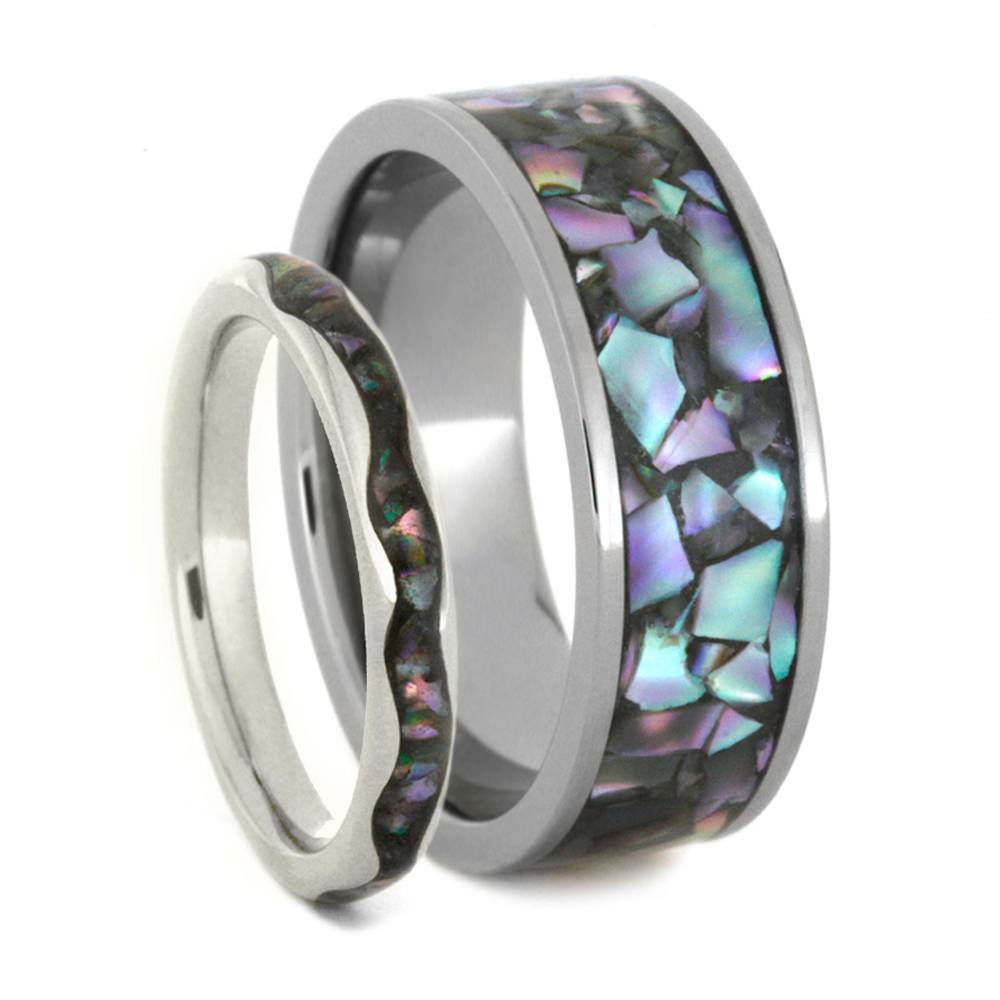 His and Hers Wedding Band Set, Wavy Edged, Crushed Abalone 10k White Gold Titanium Band, Men's Flat Edge, Crushed Abalone Ring. 
