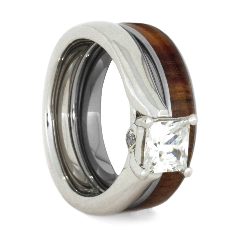 Moissanite 10k White Gold Engagement Ring, Tulip Wood Titanium Wedding Band, Bridal Ring Set .