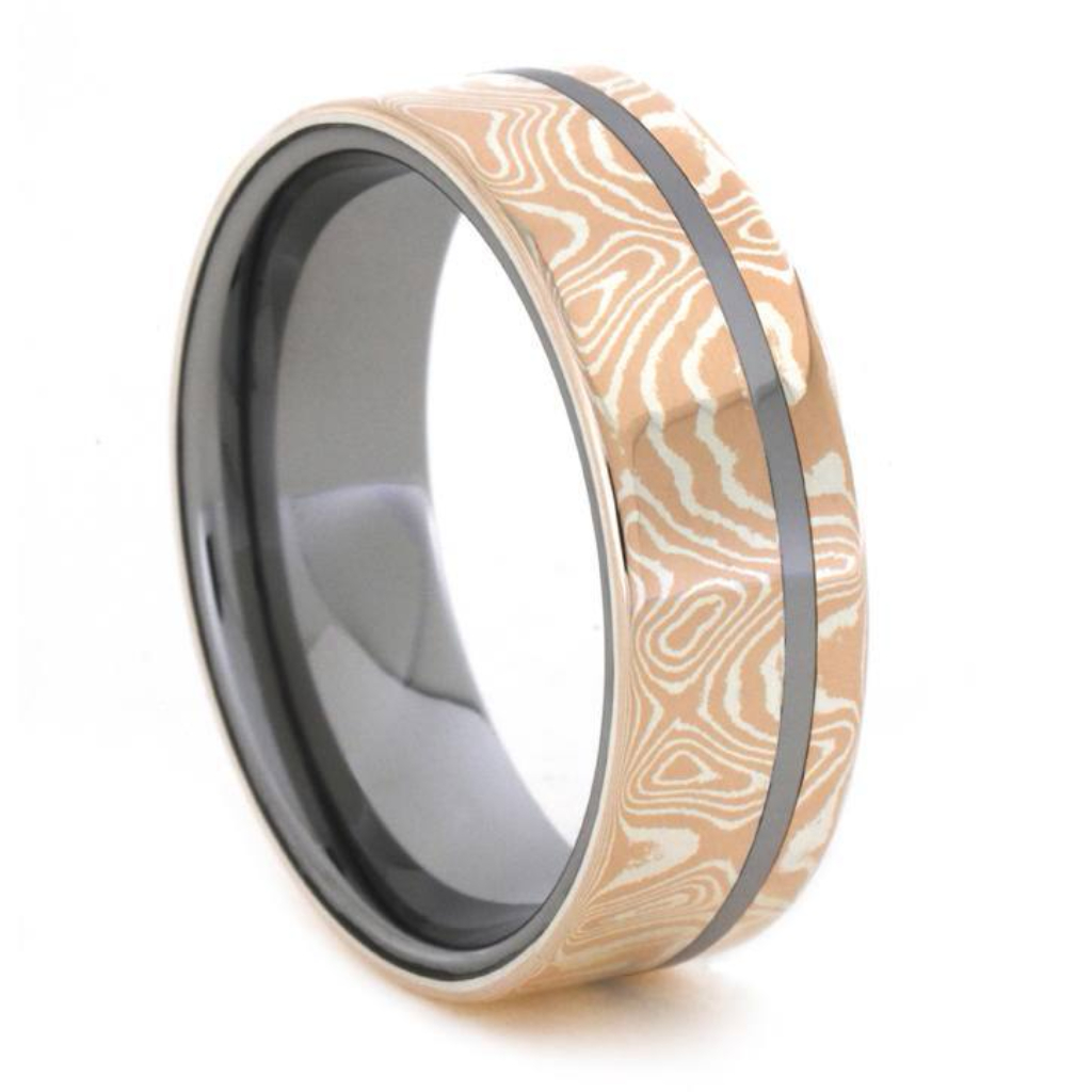 Tungsten Ring With Mokume Gane, Mixed Metal Wedding Band