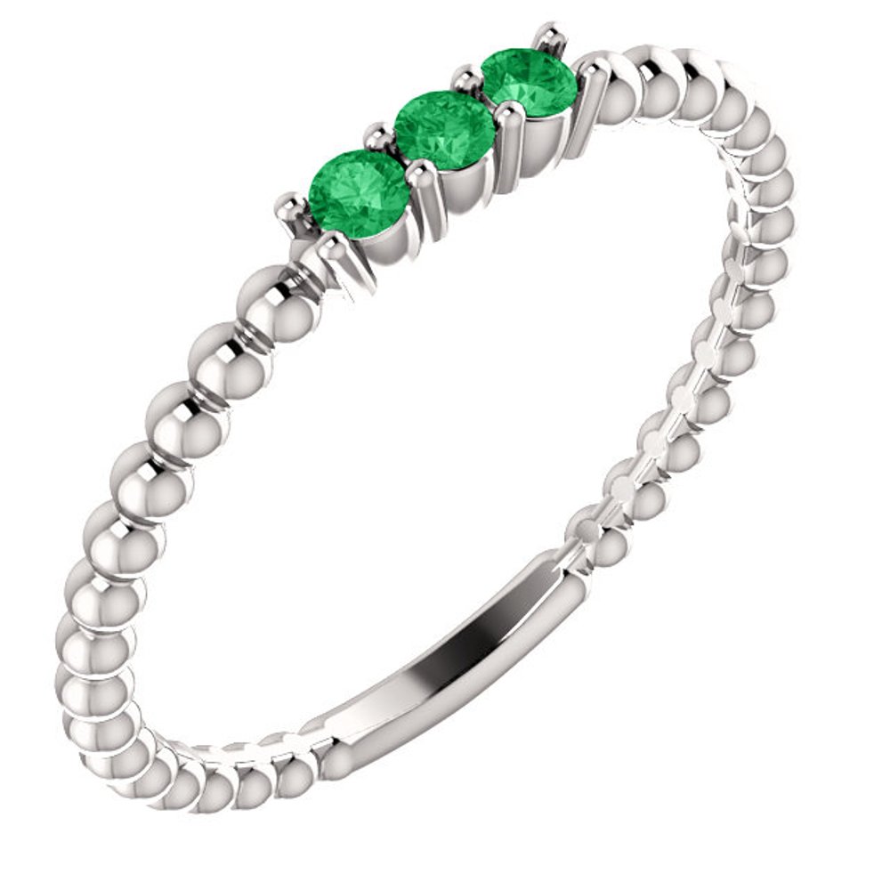 Emerald Beaded Ring, Rhodium-Plated 14k White Gold
