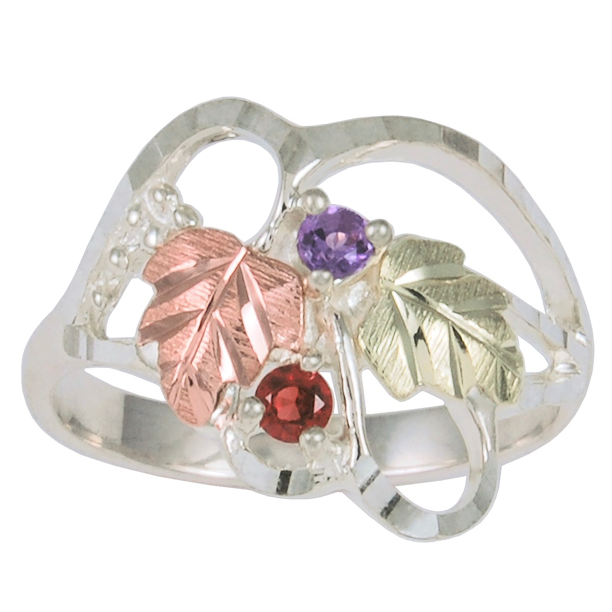 Amethyst and Garnet Diamond-Cut Family Birthstone Ring, Sterling Silver 