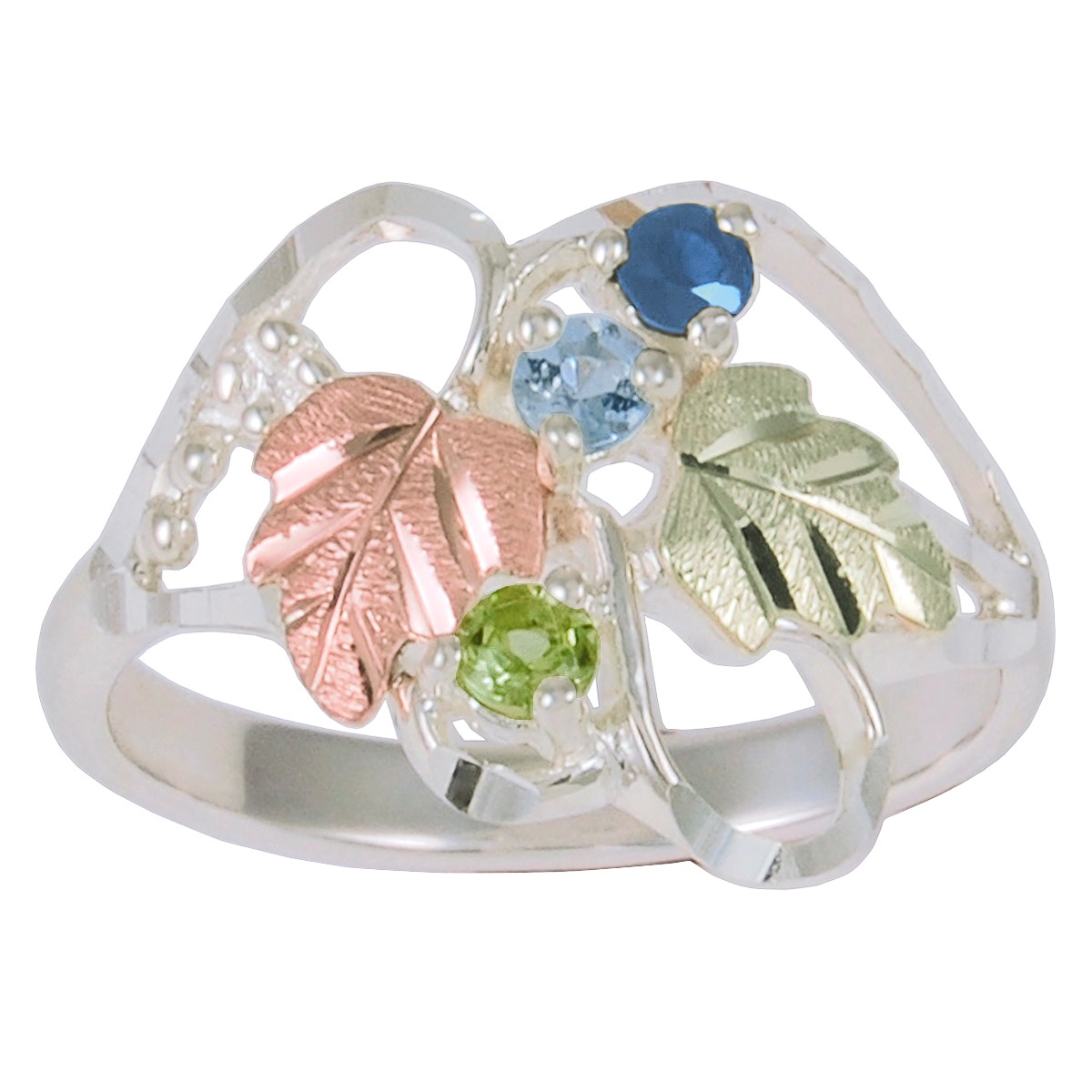 Blue Sapphire, Aquamarine, Peridot Diamond-Cut Family Birthstone Ring, Sterling Silver