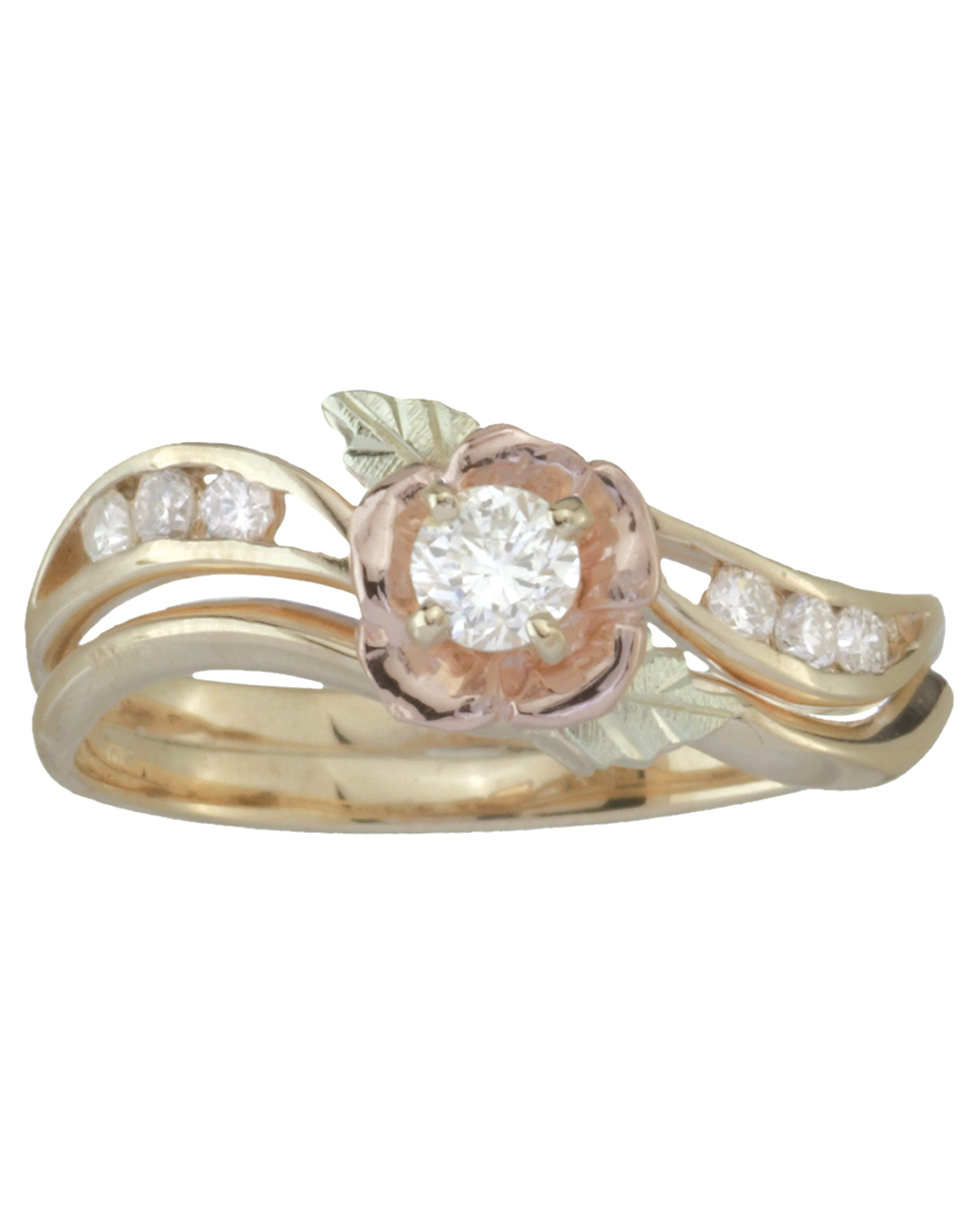 Diamond Flower and Channel Set Diamond Wedding Ring Set, 10k Yellow Gold