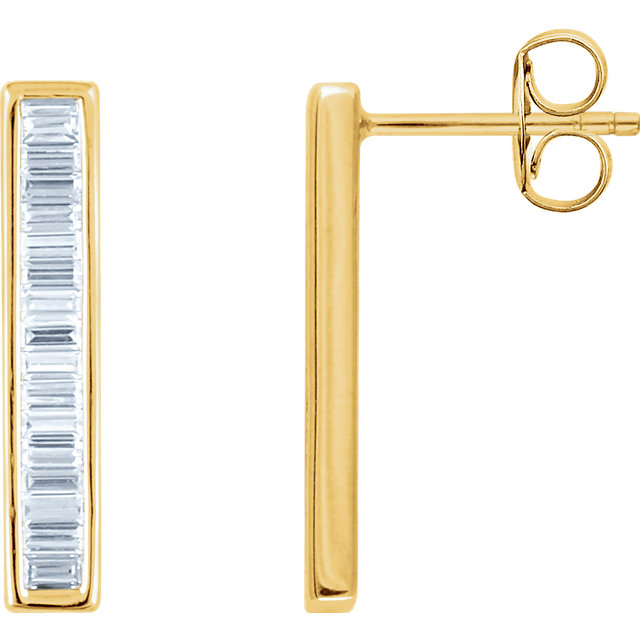 14K Yellow 1/2 CTW Diamond Baguette Bar Earrings.