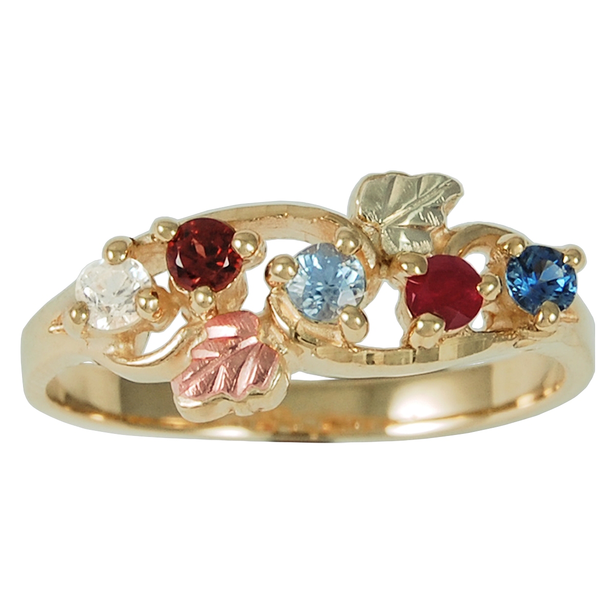 5-Stone Family Birthstone Ring, 10k Yellow Gold, 12k Green and Rose Gold Black Hills Gold Motif