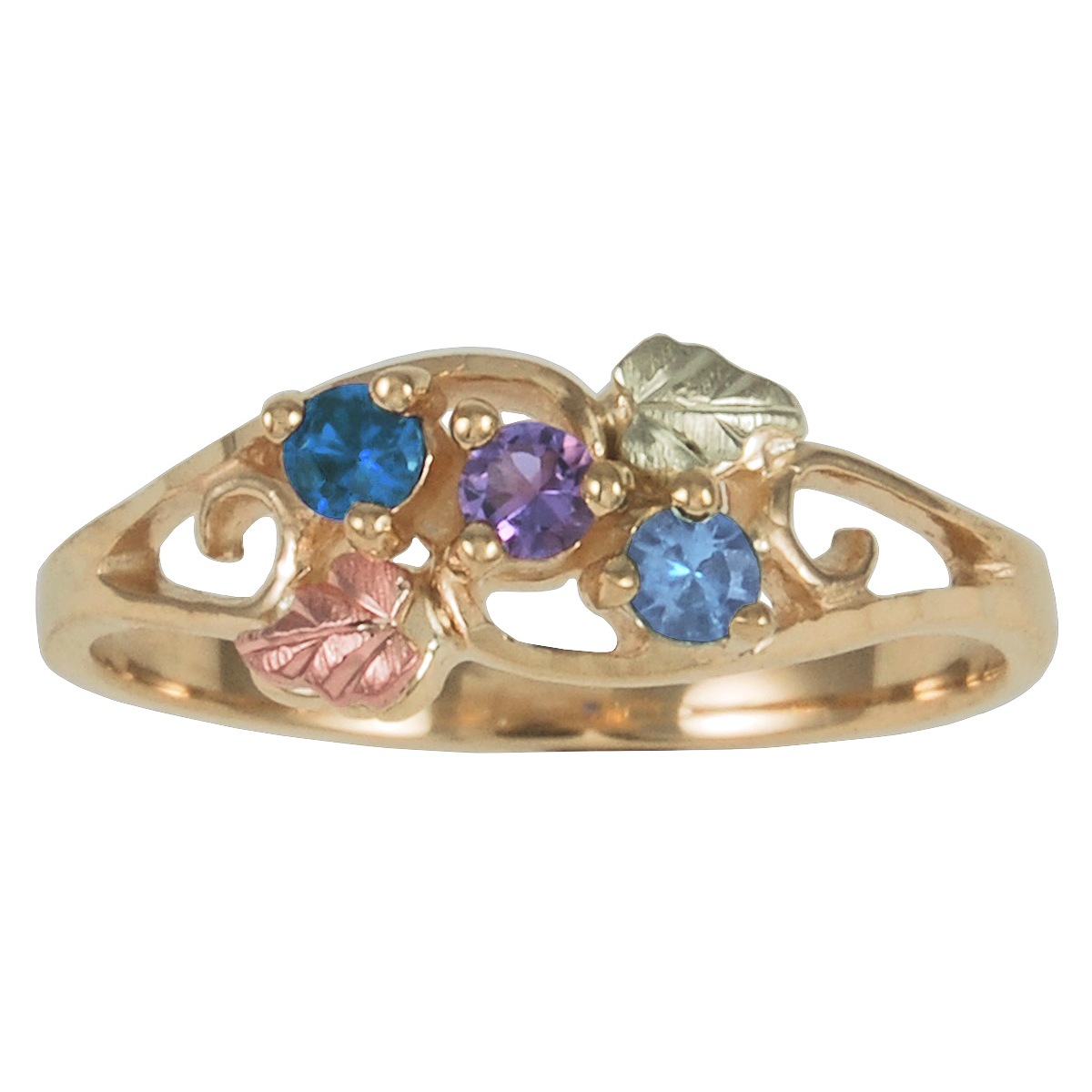 Blue Sapphire, Amethyst, Aquamarine Family Birthstone Ring, 10k Yellow Gold, 12k Green and Rose Gold Black Hills Gold Motif
