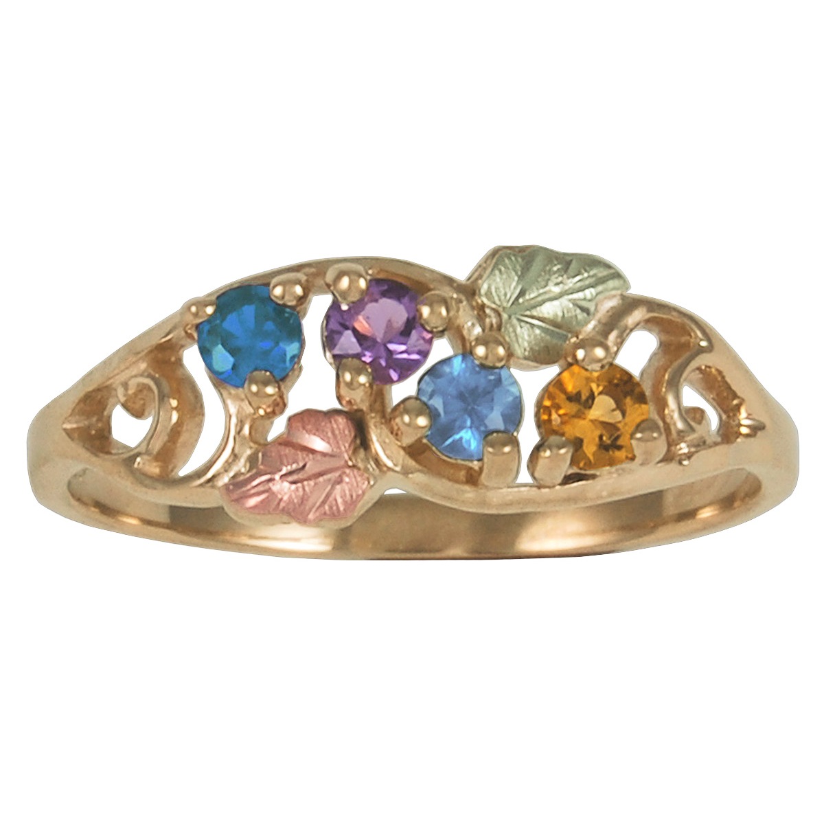 4-Stone Family Birthstone Ring, 10k Yellow Gold, 12k Green and Rose Gold Black Hills Gold Motif