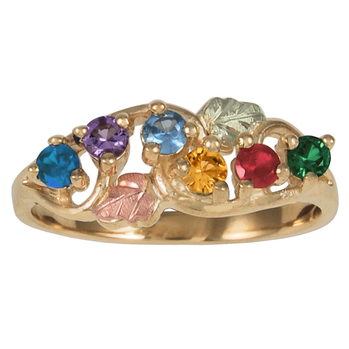 6-Stone Family Birthstone Ring, 10k Yellow Gold, 12k Green and Rose Gold Black Hills Gold Motif