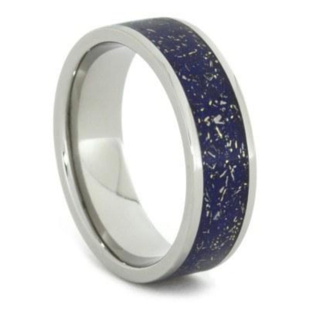 Blue Stardust Band with Meteorite and Yellow Gold 7mm Comfort-Fit Titanium Ring