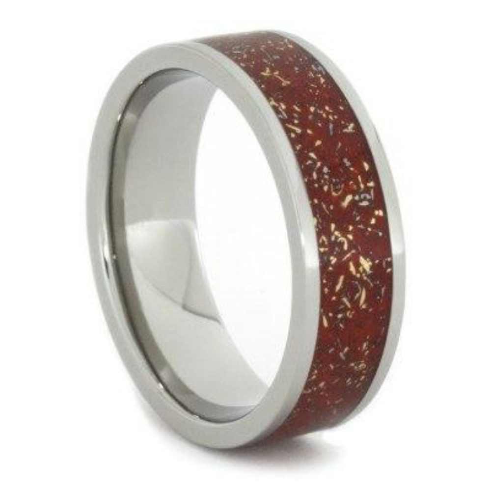 Red Stardust Band with Meteorite and Yellow Gold 7mm Comfort-Fit Titanium Ring