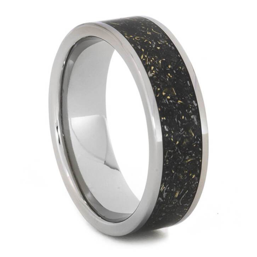 Black Stardust Band with Meteorite and Yellow Gold 7mm Comfort-Fit Titanium Ring