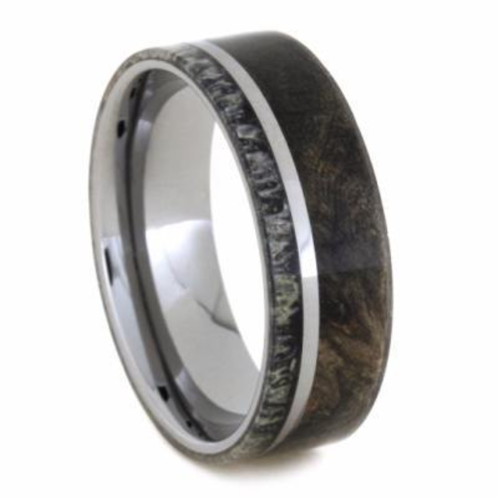 Wood Mens Wedding Band With Deer Antler In Tungsten Wedding Band