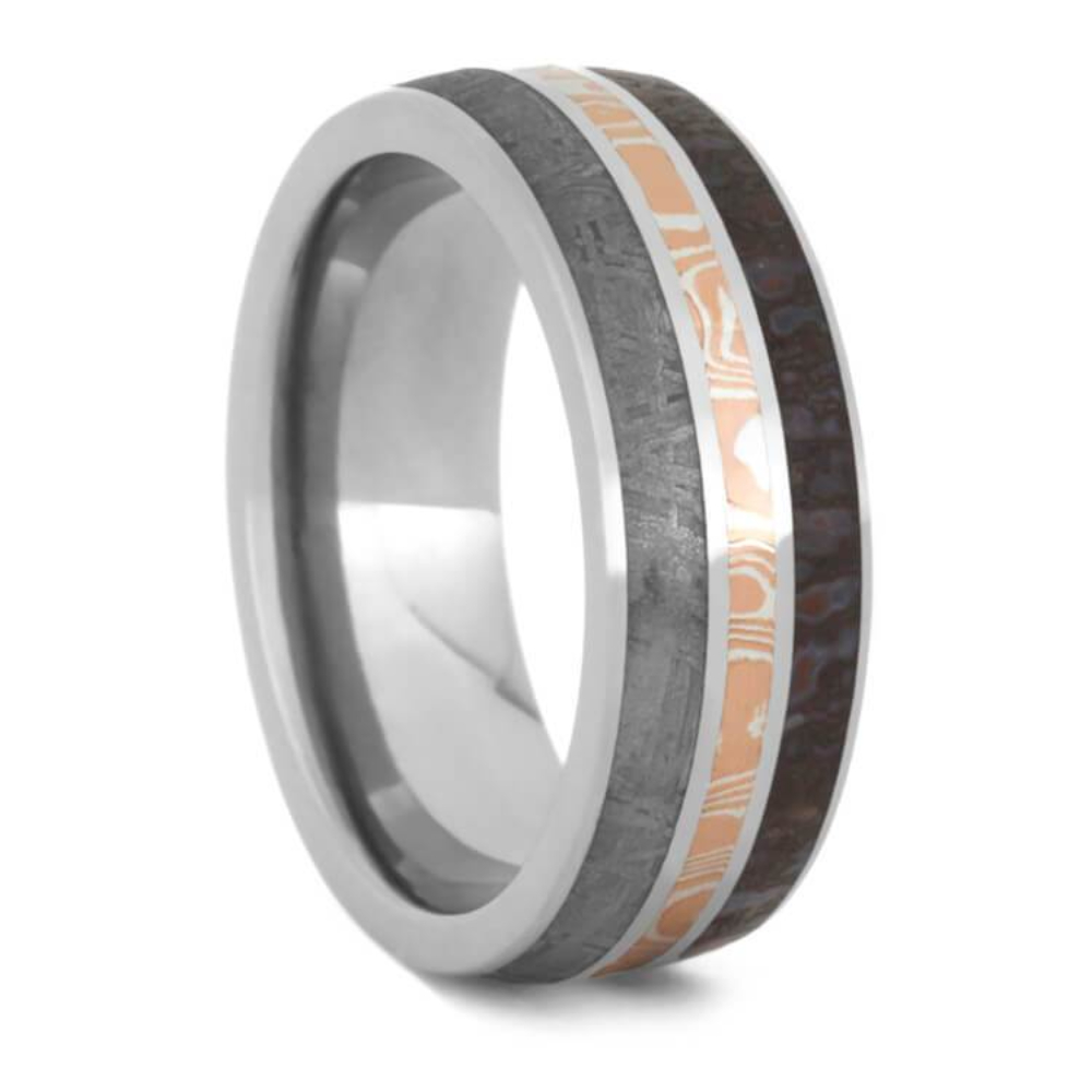 Silver and Copper Mokume, Dinosaur Bone, Gibeon Meteorite 7.5mm Titanium Comfort-Fit Wedding Band 